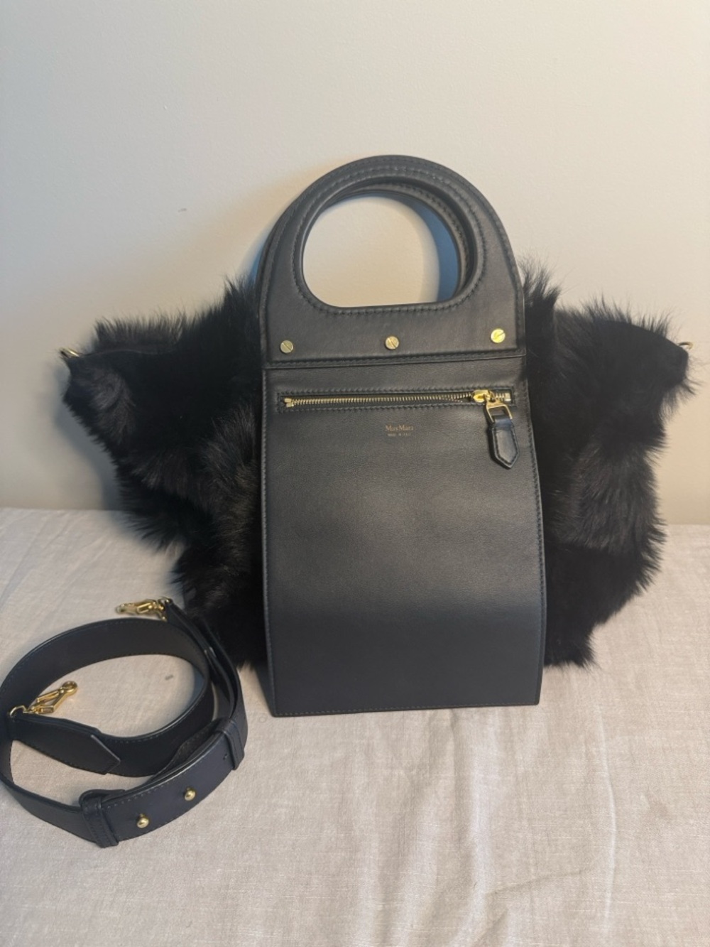 MaxMara Grace Black Leather & Shearling Top-Handle Bag